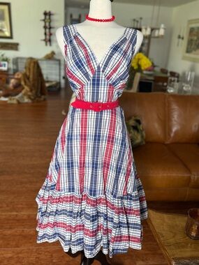 ❤️🤍💙 Miss CandyFloss Plaid Midi Dress with Red Belt Retro Picnic Party 1950’s